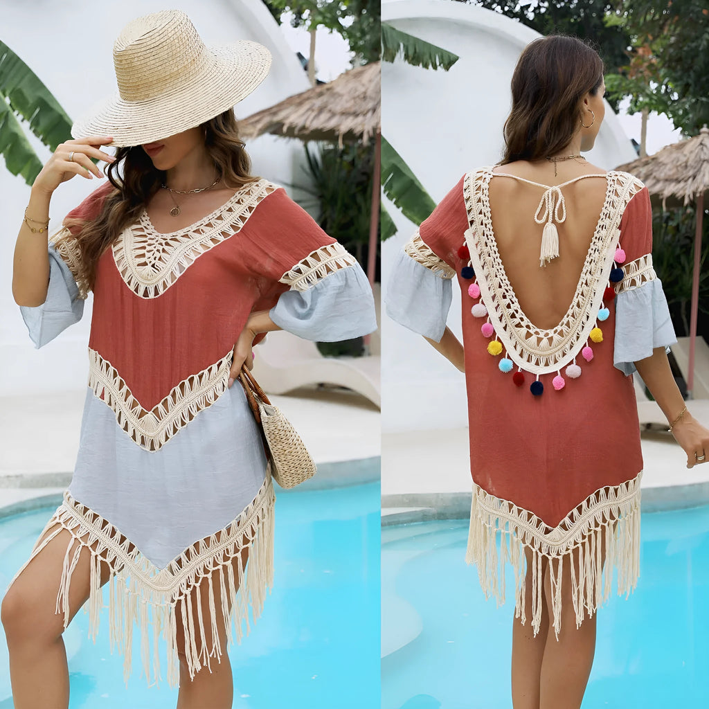 Orange floral beach overskirt with hand crochet stitching and tassel decoration