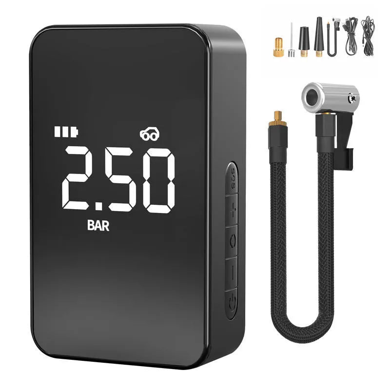 Compact wireless digital tyre inflator pump with screen, LED light, and four air nozzles on a black background.