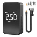 Compact wireless digital tyre inflator pump with screen, LED light, and four air nozzles on a black background.