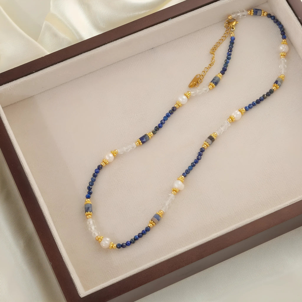 Women's Chinese retro natural stone pearl crystal necklace with adjustable chain, blue natural stone stringed pearls style