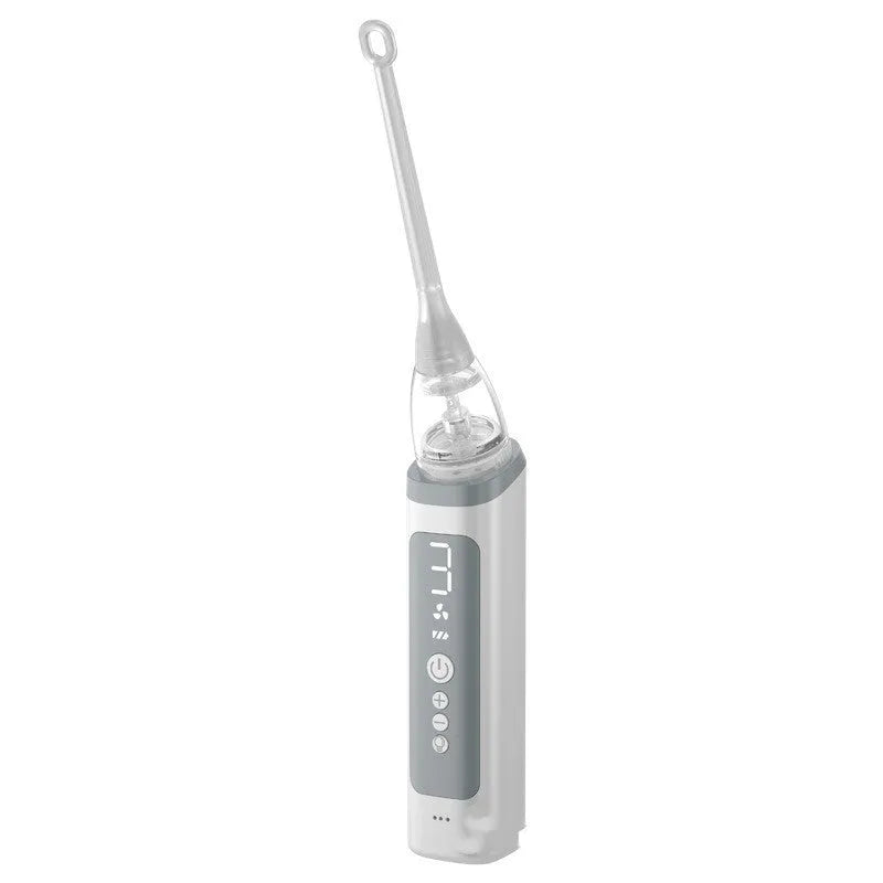 Milky white tonsil stone removal tool oral cleaning kit on a plain background.