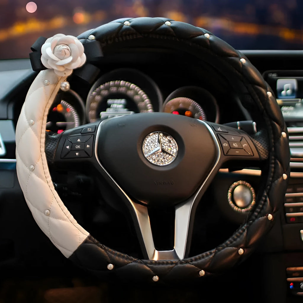 Car universal camellia steering wheel cover in PU leather, 38cm diameter, white flower colour option with cartoon pattern