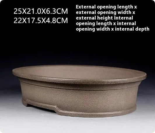 Handmade antique oval purple sand ceramic bonsai pot with shallow 6.3cm height.