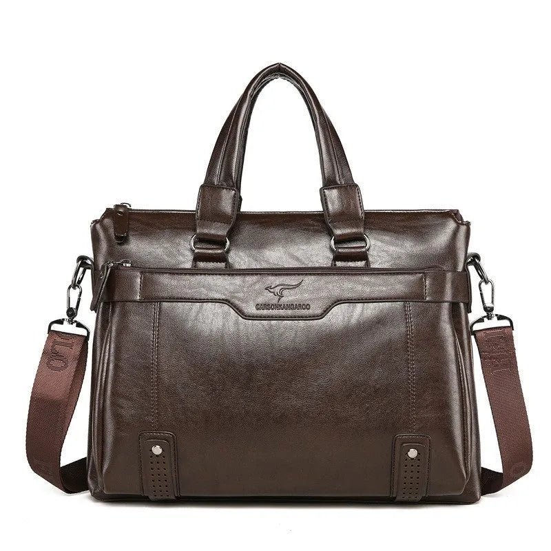 Men's PU leather 14-inch business shoulder bag in black, brown or khaki with three straps and multiple pockets