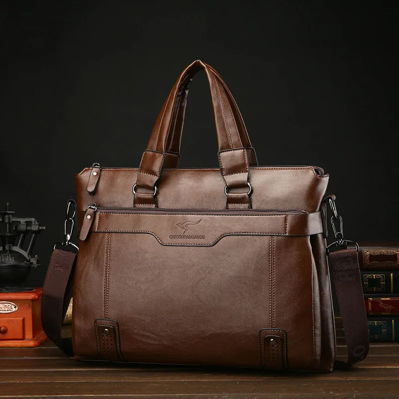 Men's PU leather 14-inch business shoulder bag in black, brown or khaki with three straps and multiple pockets