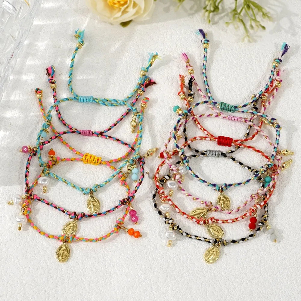 Colourful braided rope woven bracelet with ethnic style carrying strap tag design for women