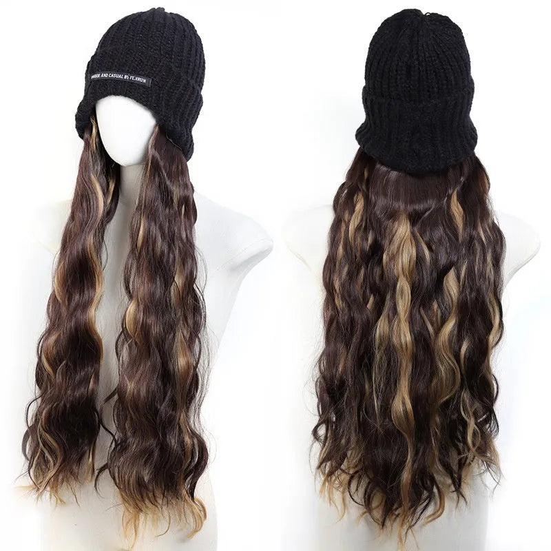 Hat wig with knitted hat and long curly high temperature fibre synthetic hair for ladies