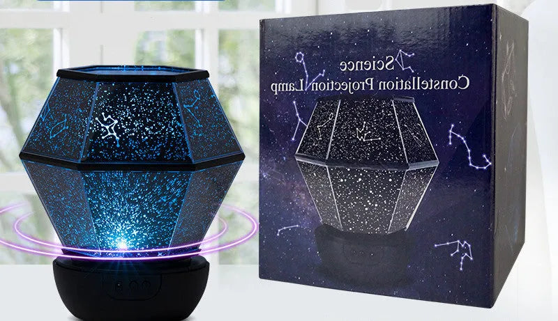 Children's rotating star night light projecting dreamlike starlight in a bedroom