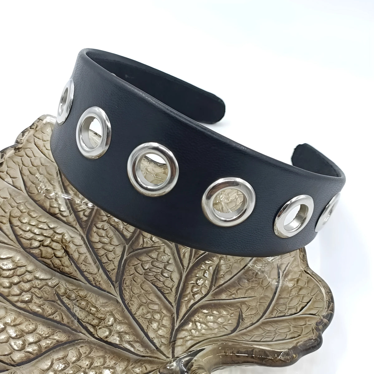 Black wide rivet headband for women, handmade artificial leather punk hair accessory with round square and dotted rivets
