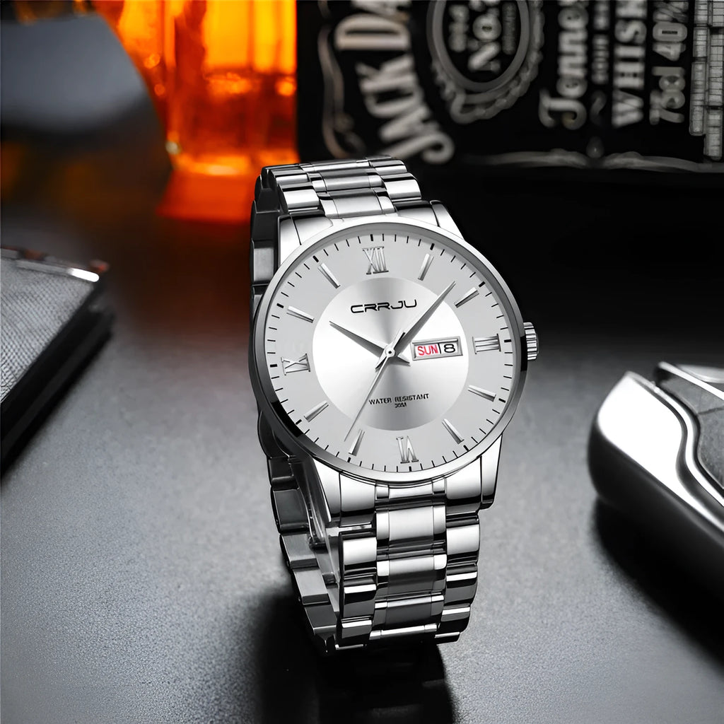 Men's casual business quartz watch with alloy case, 30m waterproof, plexiglass mirror, available in multiple colours