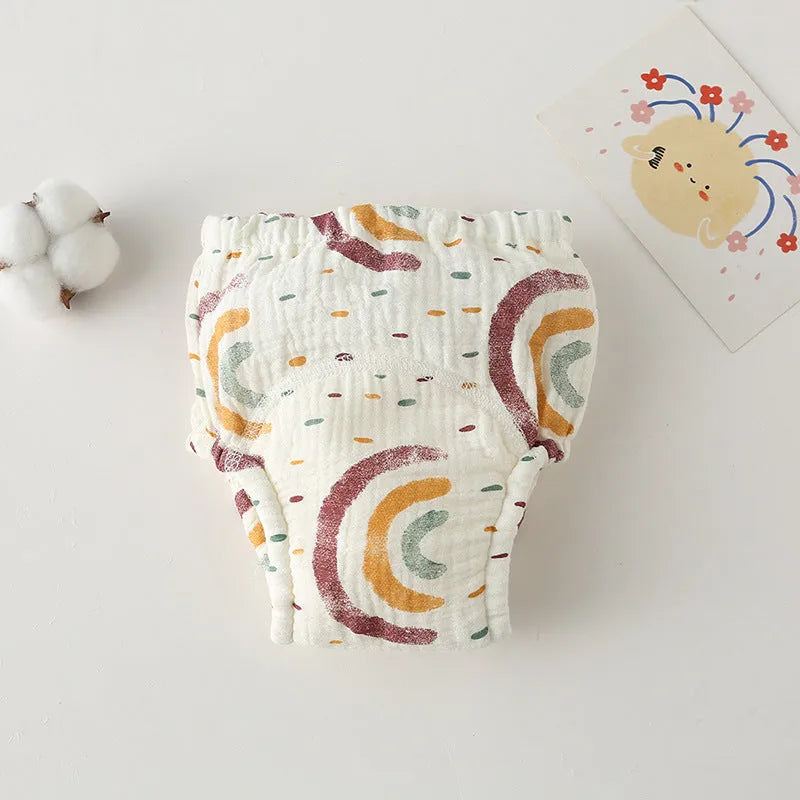 Gauze cotton baby training pants in pure cotton with waterproof layer, ring waist design