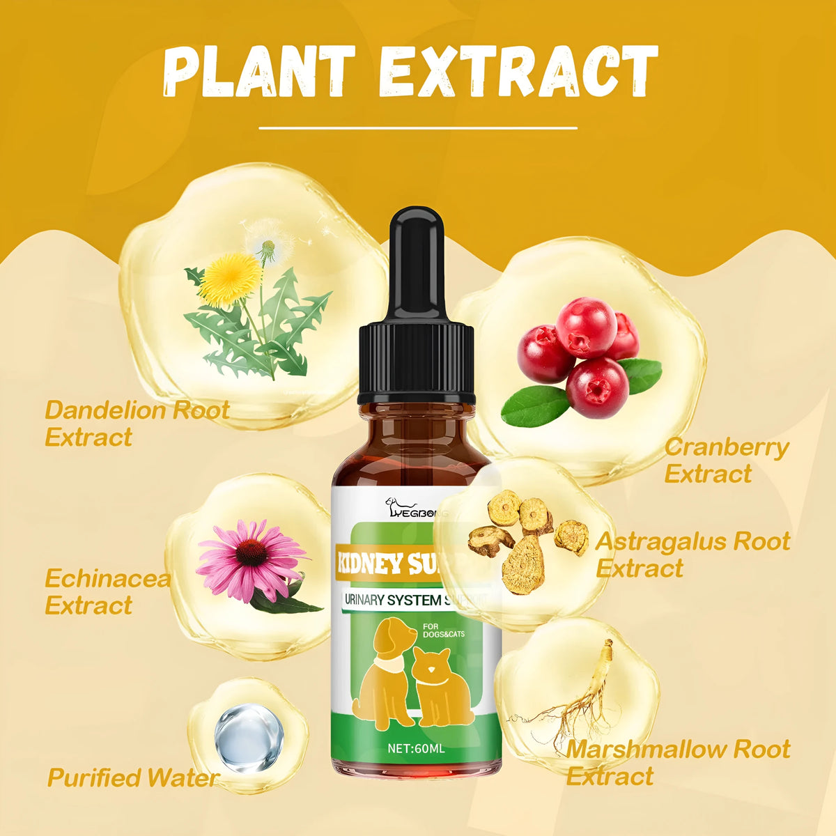 60ml pet nutritional supplement bottle with dandelion, Echinacea, cranberry, astragalus and Shuta root extracts