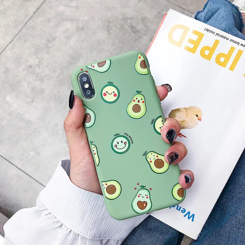 Cartoon avocado design TPU phone case for iPhone models showing back cover with fruit artwork