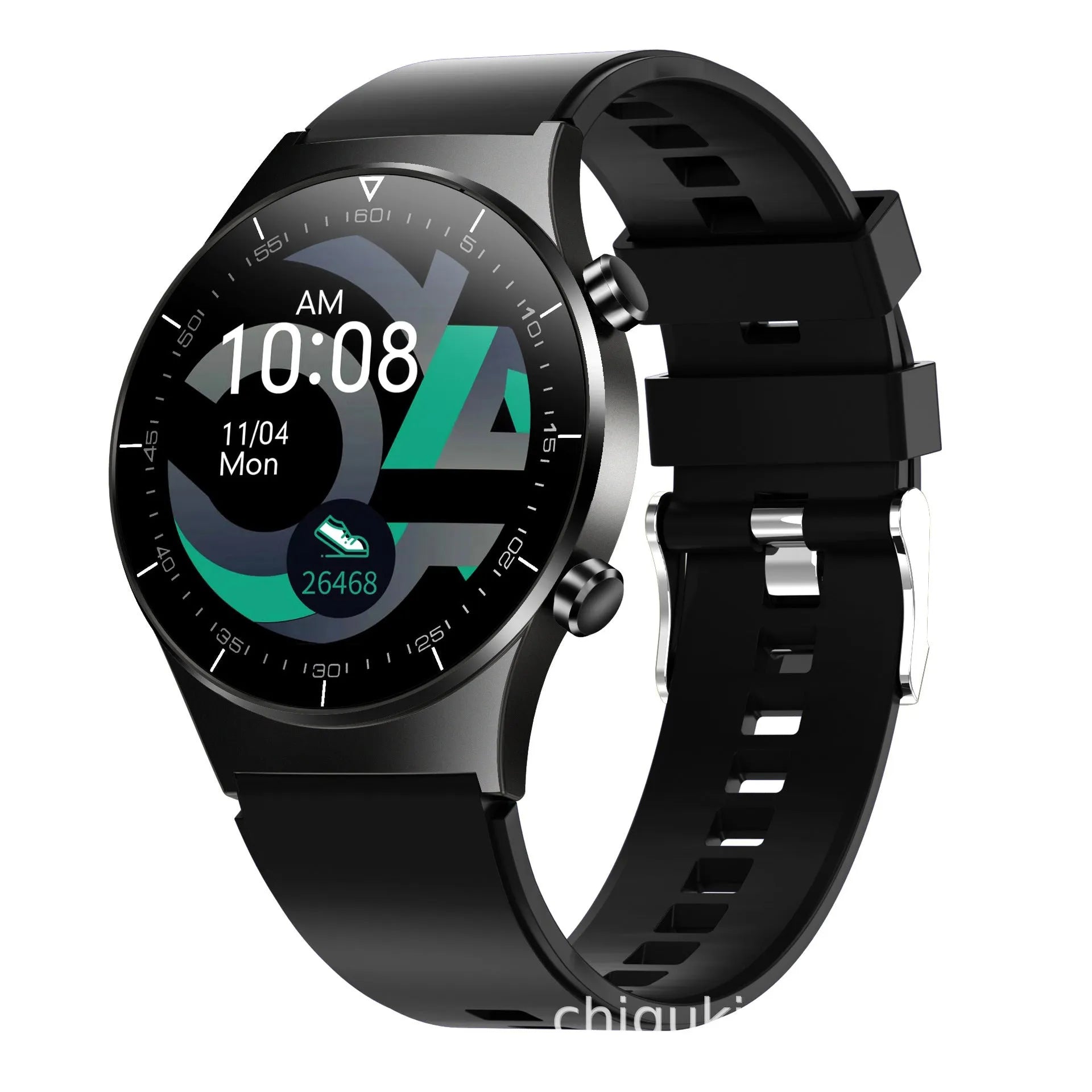 Black smart watch with astronaut bracelet on wrist, showing a 1.28-inch touchscreen displaying heart rate data.