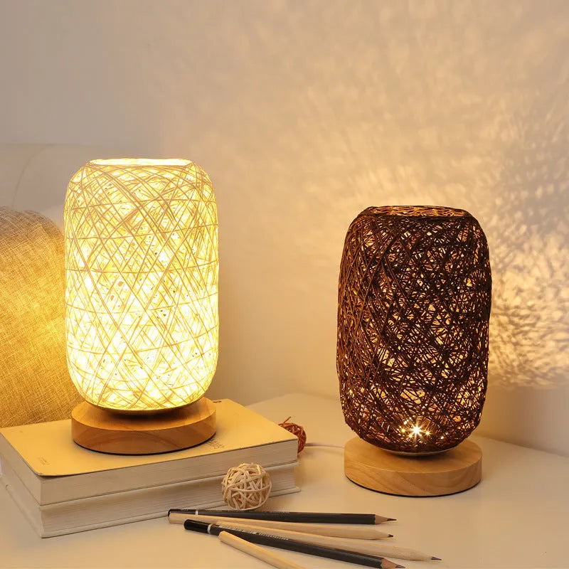 Brown hemp rope Sepak Takraw desk lamp with wooden base and USB cable.