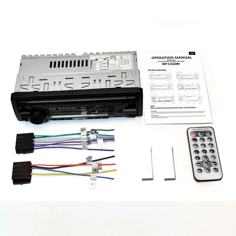 Front view of a black car stereo with LCD display, USB port, buttons, and rotary volume knob.