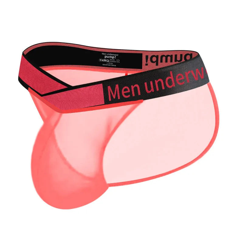 Men's red ice silk nylon briefs with a large V front and low waist design.