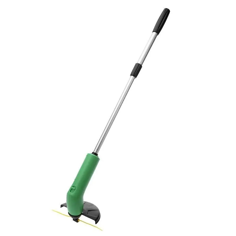 Cordless handheld grass trimmer with extension pole and protective shield on a garden lawn