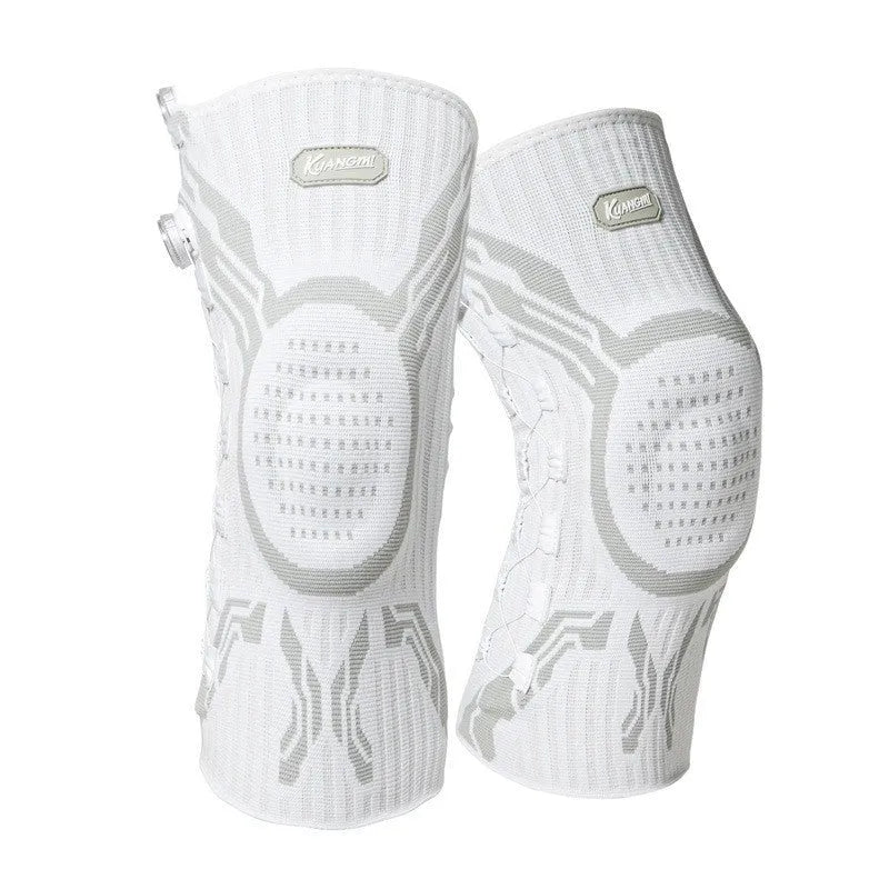 Pair of grey and white professional sports knee pads for basketball, football, running, badminton.