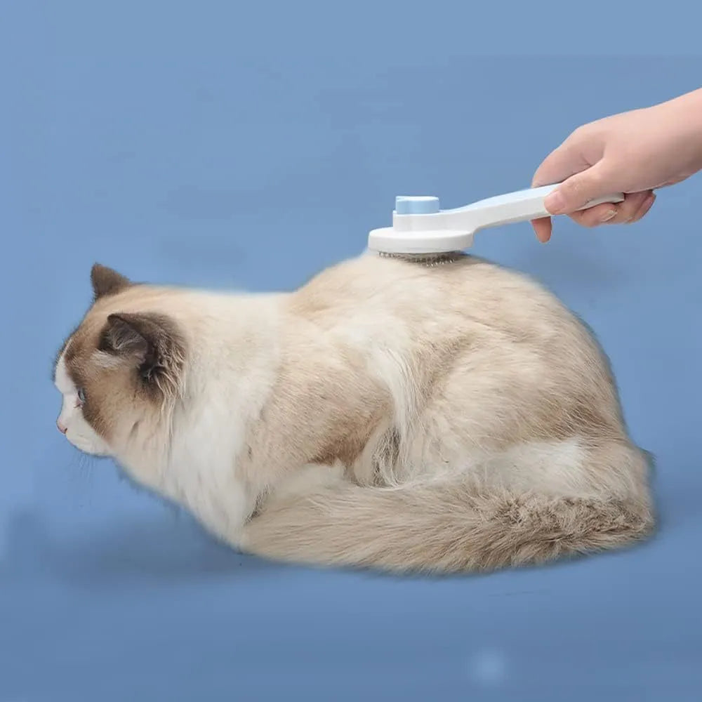 Blue self-cleaning cat and dog grooming brush with rubber-tipped pins and a non-slip rubber handle.
