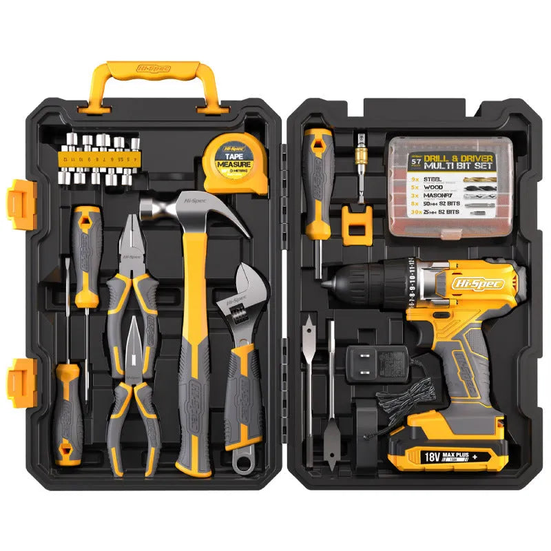 Grey yellow 82-piece chrome-vanadium steel tool set in a hard black case for furniture installation.
