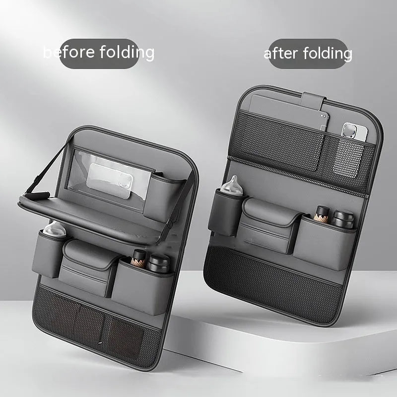 Car seat lazyback storage bag in obsidian black with foldable dining table and leather finish