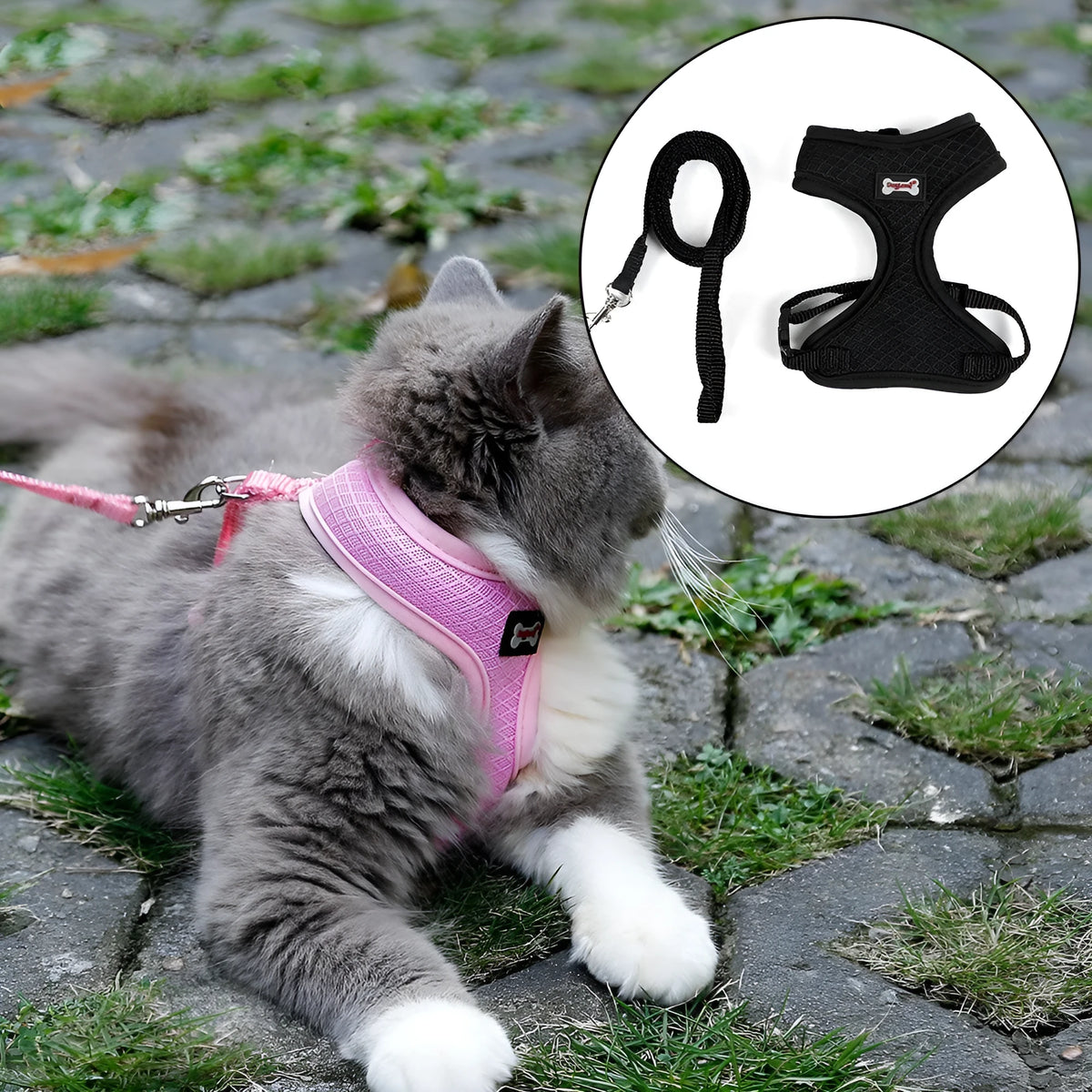 Anti-skid mesh cat harness with adjustable neck and chest, 120cm leash, black or pink