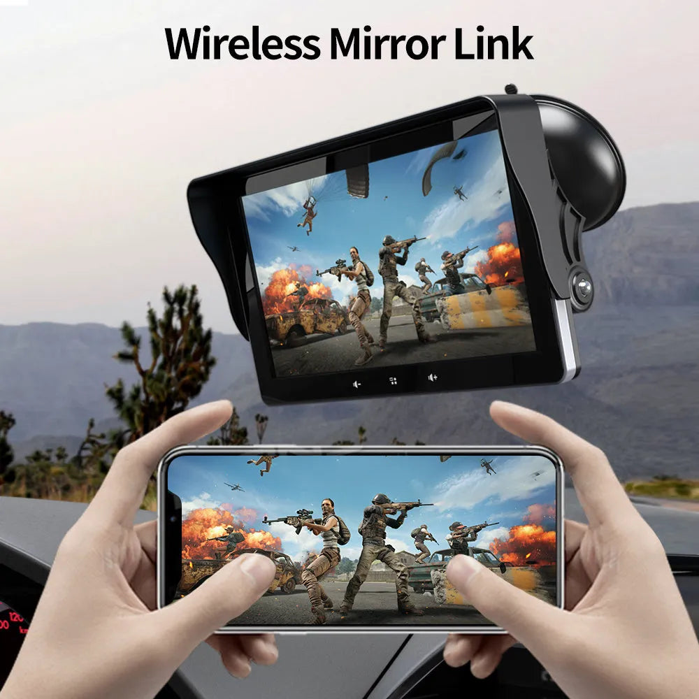 7 inch wireless CarPlay display with suction cup mount and cigarette lighter power adapter