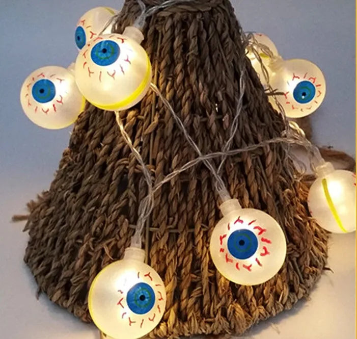 Halloween LED string lights with 10 pumpkin ghost bat spider skull pendants on white 1.2m waterproof cable