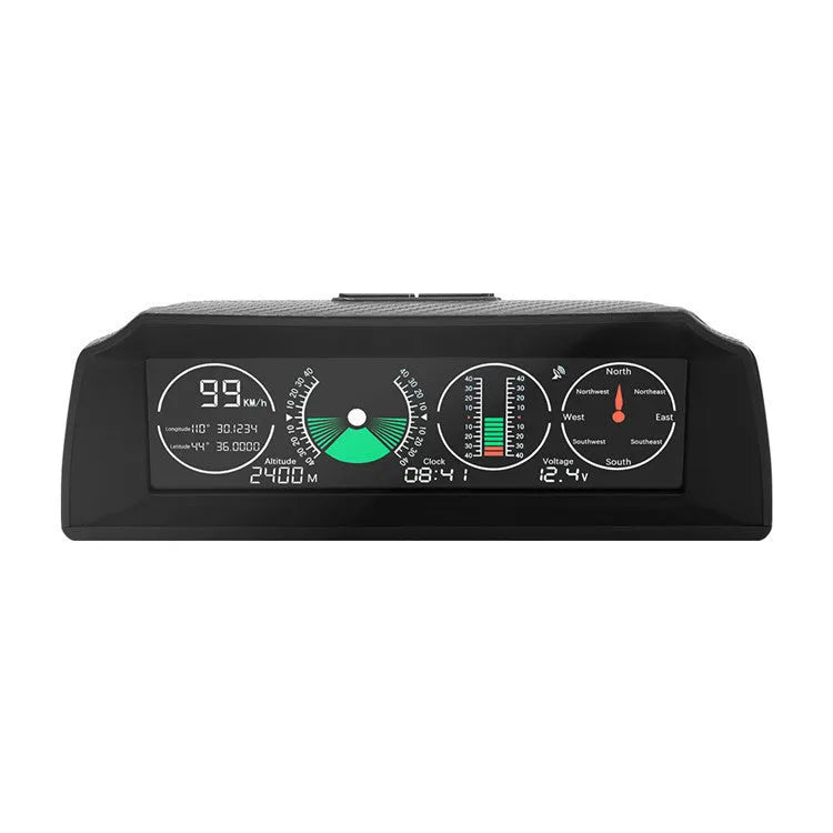 GPS GO 2 black car heads-up display showing speed, gradient angles, and compass on a colour LCD screen.