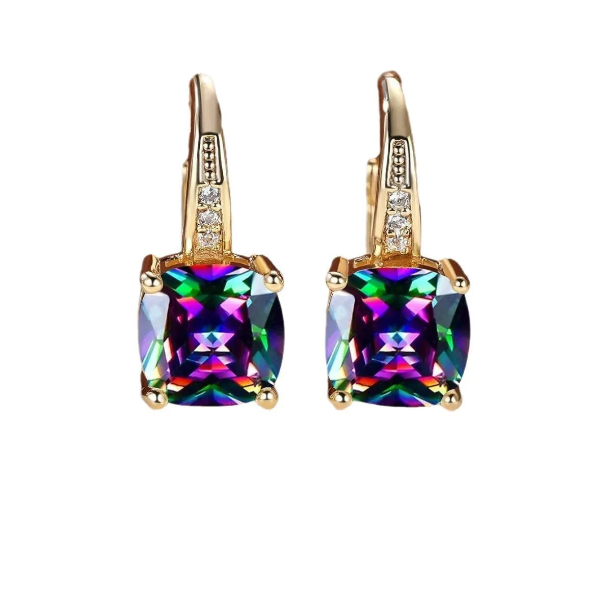 Square geometric ear clips with colourful moissanite stones in gold electroplated finish
