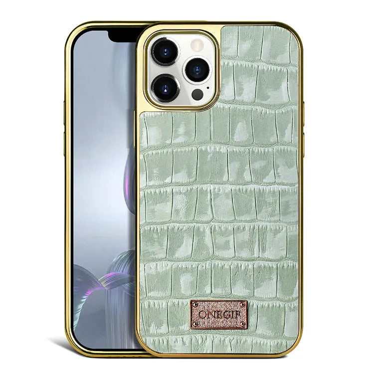 Real leather phone case with electroplated grid screen for iPhone 12 and 12 Pro Max in white, pink or green
