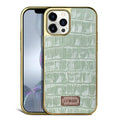 Real leather phone case with electroplated grid screen for iPhone 12 and 12 Pro Max in white, pink or green