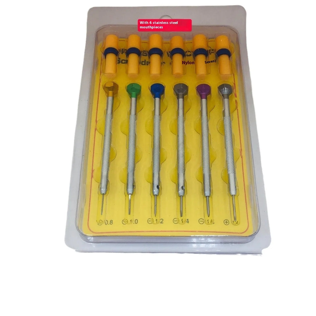 Six colour-coded aluminium handle screwdrivers and a meter repair tool for watchmaking and electronics.