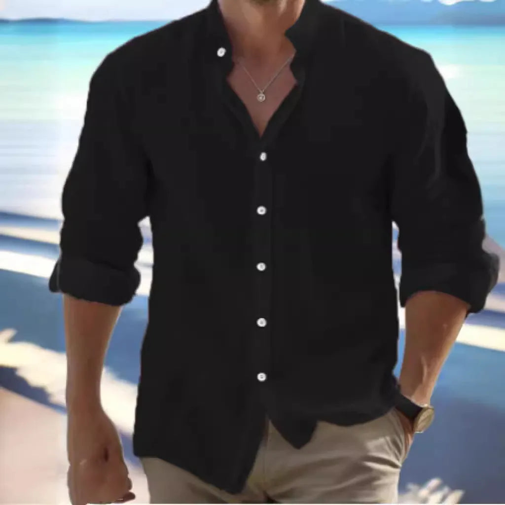 Men's casual light grey cotton pullover beach shirt with collage stitching detail.