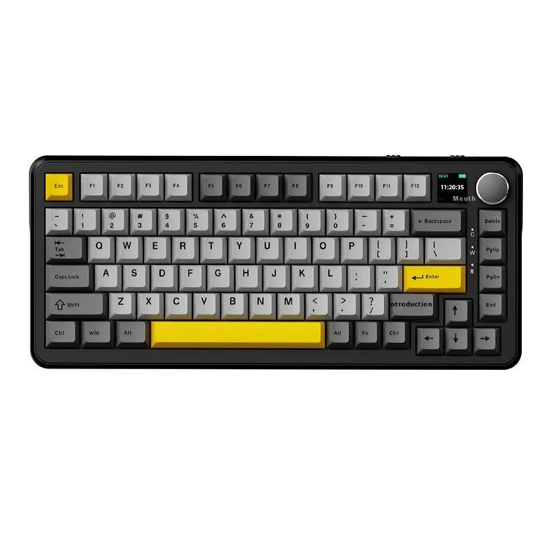 Three-mode mechanical keyboard with Black, Grey and Yellow colour scheme showing hot-swappable sockets