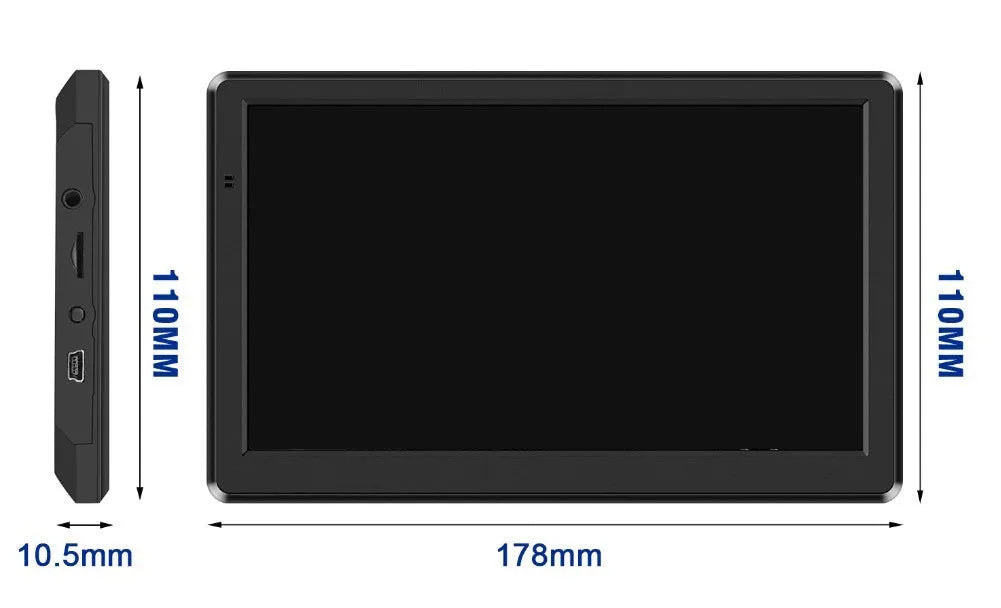 Silver 7 inch car GPS navigation device mounted on a dashboard bracket showing a map on its HD touch screen.
