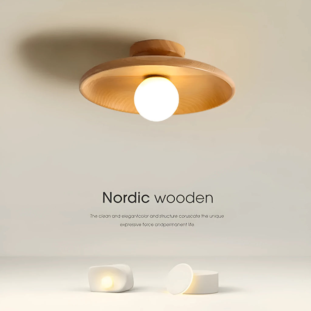 Solid wood minimalist ceiling lamp with glass shade in walnut colour