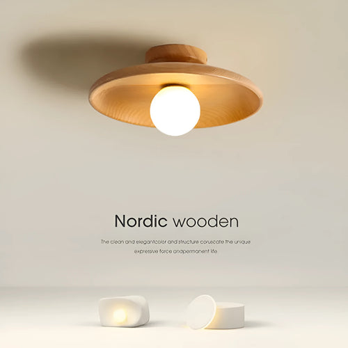 Solid wood and glass minimalist aisle ceiling lamp in wood or walnut colour.