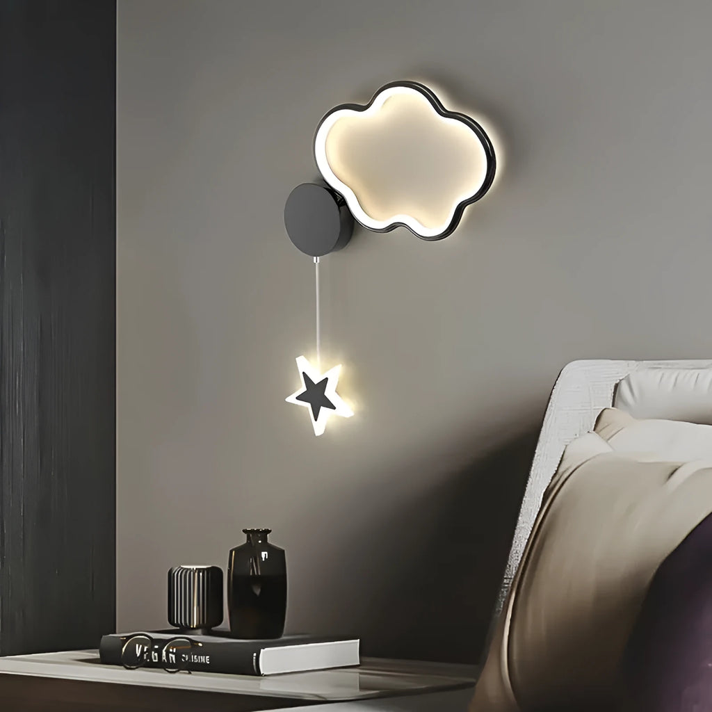 Cartoon cloud and five-pointed star themed bedside wall lamp for a child's room.