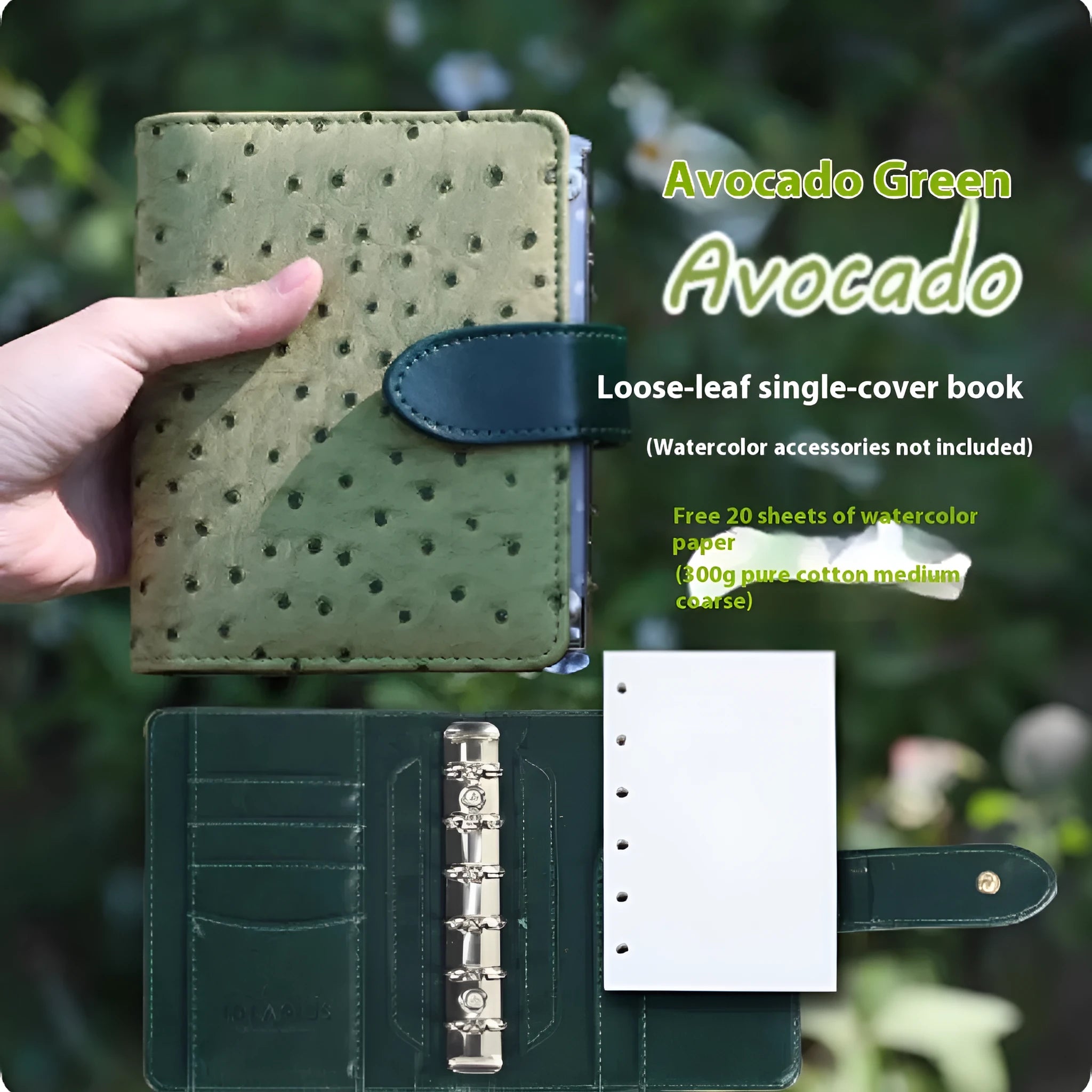 A7 size loose-leaf watercolour notebook in green, brown, and cream colour options