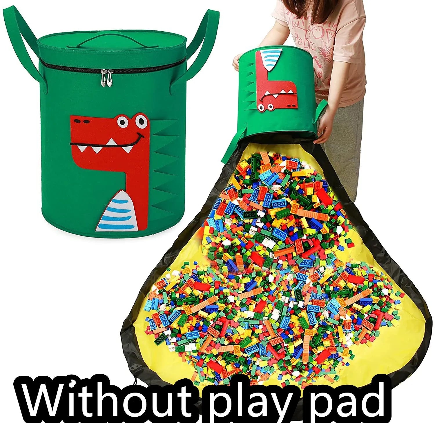 Green felt cube storage bag with pull rope, shown both as a closed bag and flattened as a play mat.