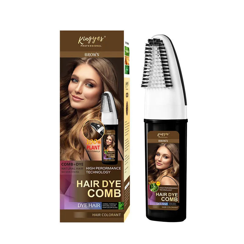 Hair dye kit showing Brown, Wine Red and Dark Brown 200ml bottles with comb applicator