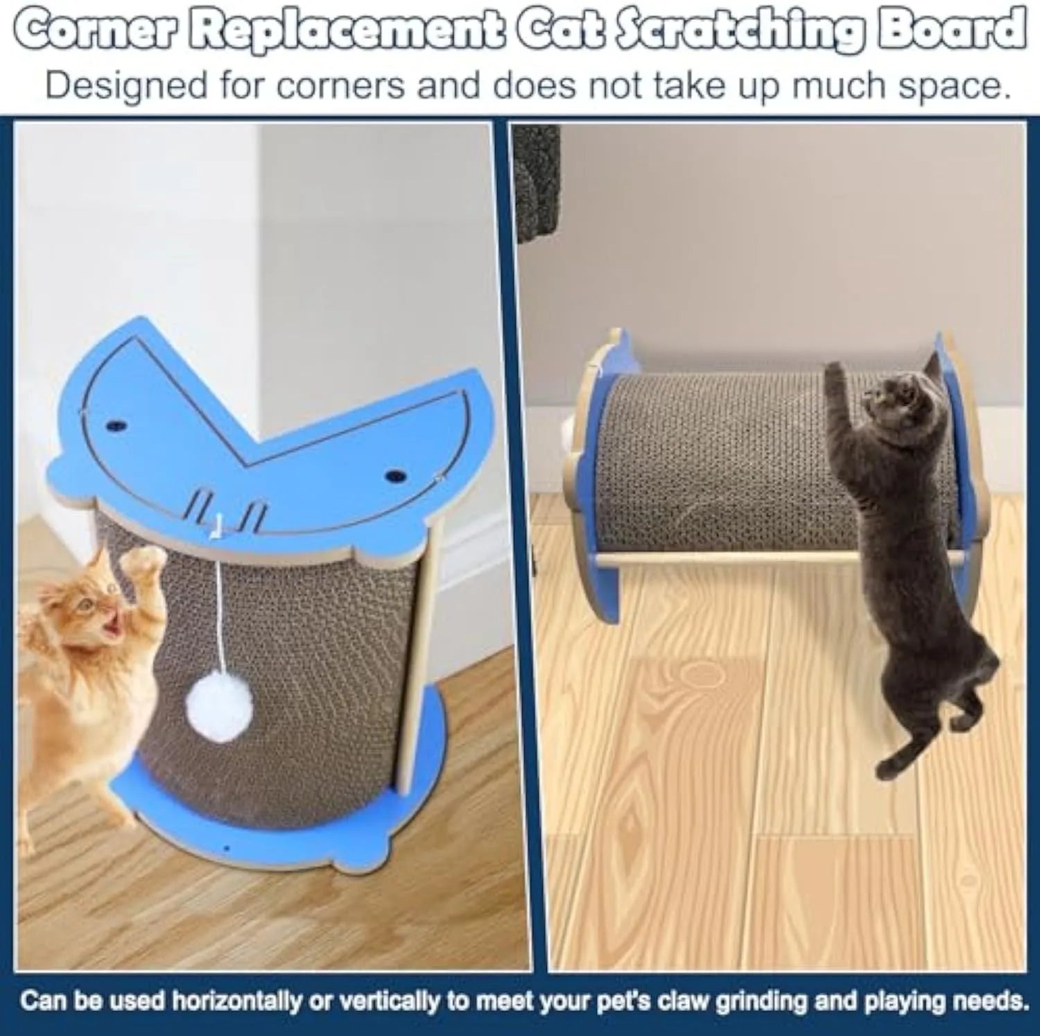 Cat corner scratching pad with hanging ball in room corner for furniture protection