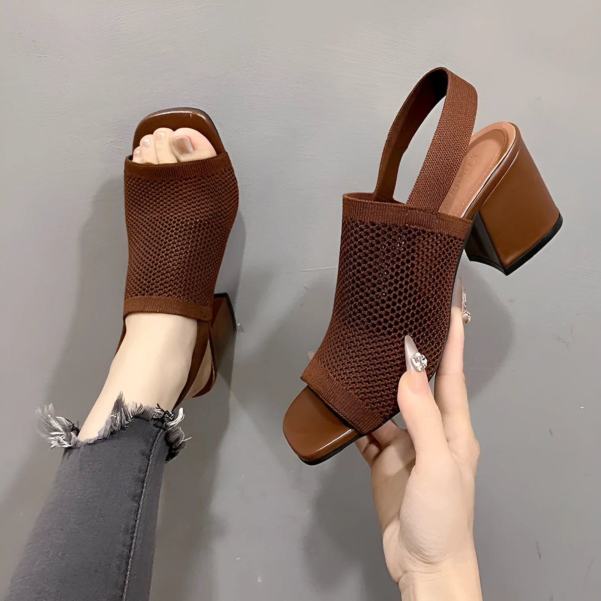 Women's flyknit chunky heel sandals with square toe, mesh upper, rubber sole, black, sizes 35-42