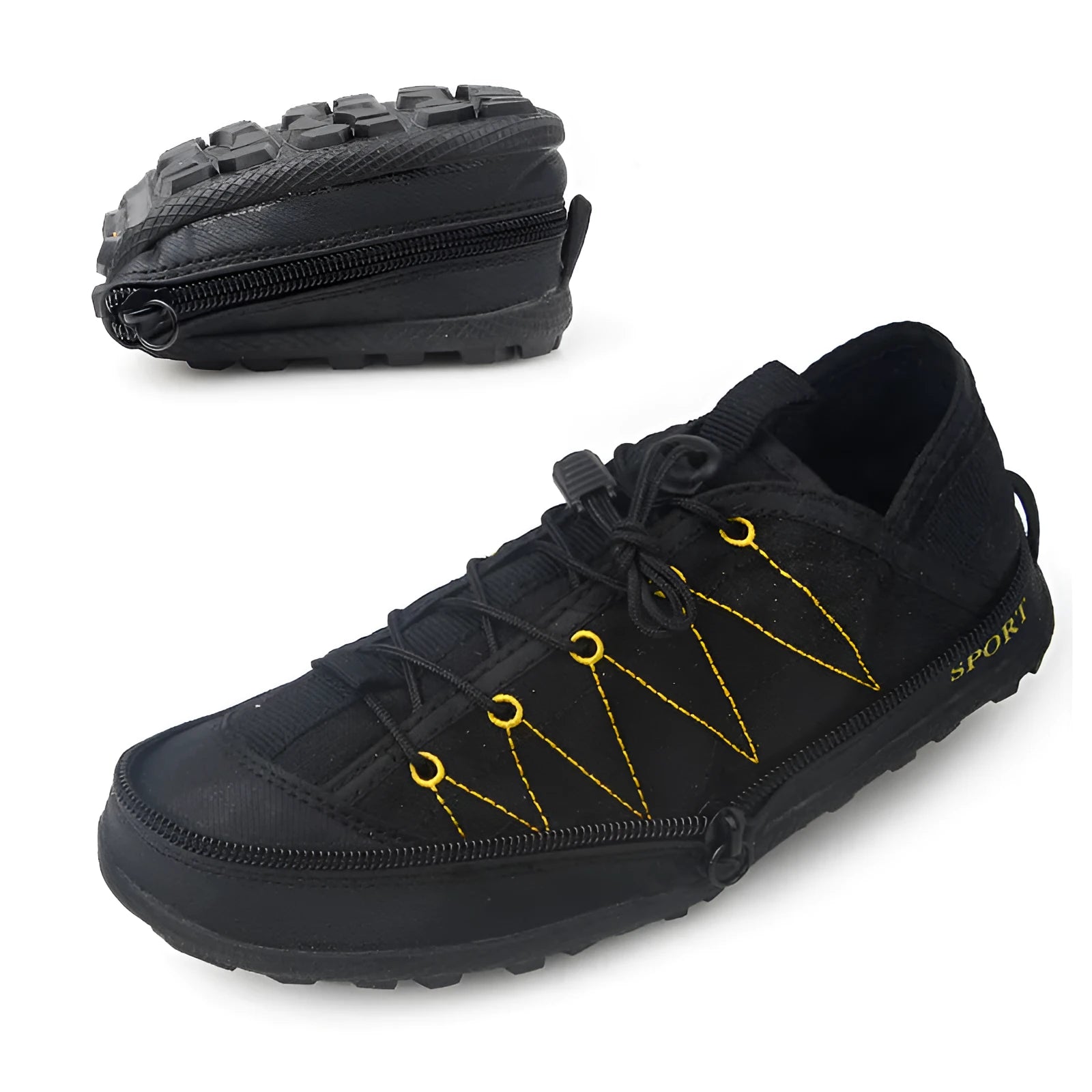 Orange, black, and grey portable folding outdoor shoes with side zip, shown in a compact state.