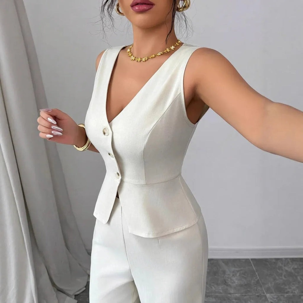 Women's sleeveless vest and high-waist trouser two-piece set in solid colour polyester fabric