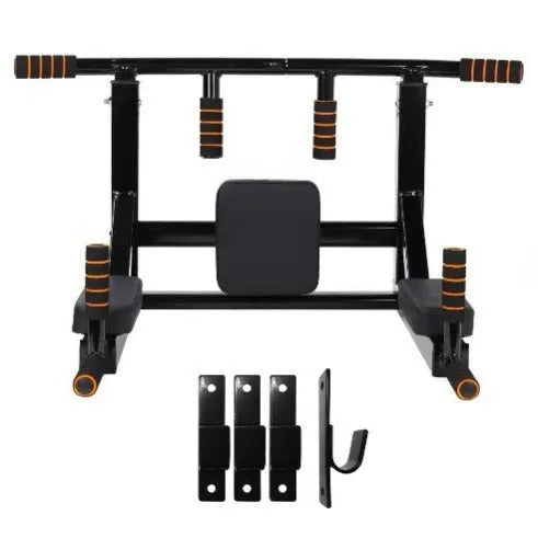 Black metal wall-mounted fitness rack for sandbag and single parallel bars pull-up training.