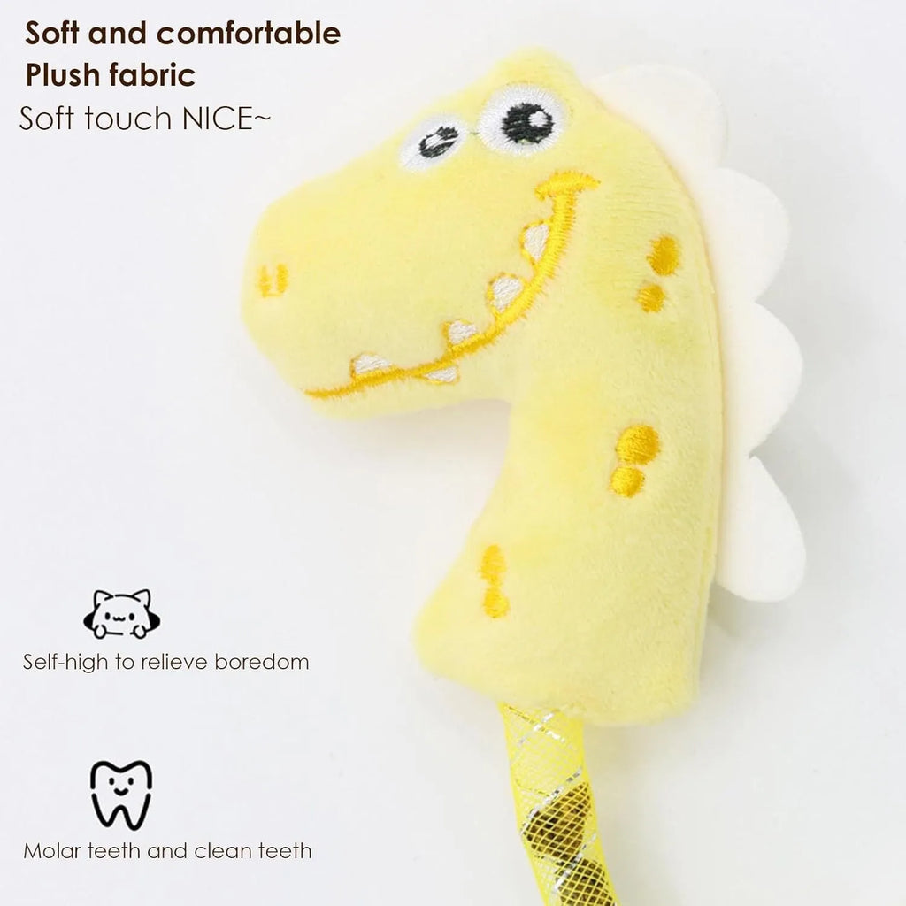 Four cat chew toys including plush mouse, fish, bunny, and chew toy in pink, purple, and yellow colours