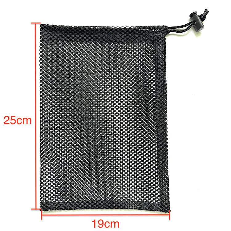 Black drawstring mesh storage bag shown in three size options for water ball toys.